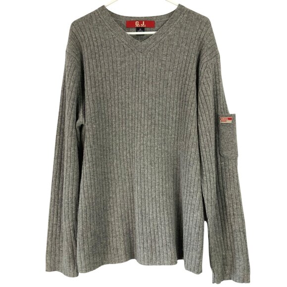 Guess Jeans Gray Ribbed Long Sleeve V-Neck Knit Sweater Size XL 80% Lambswool - Picture 1 of 5